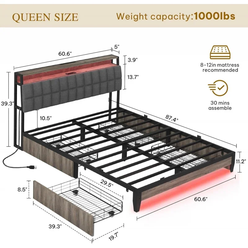 YITE Queen Size Frame RGB LED Lights 4 Drawers,Upholstered Platform Bed with Charging Station and Storage Headb