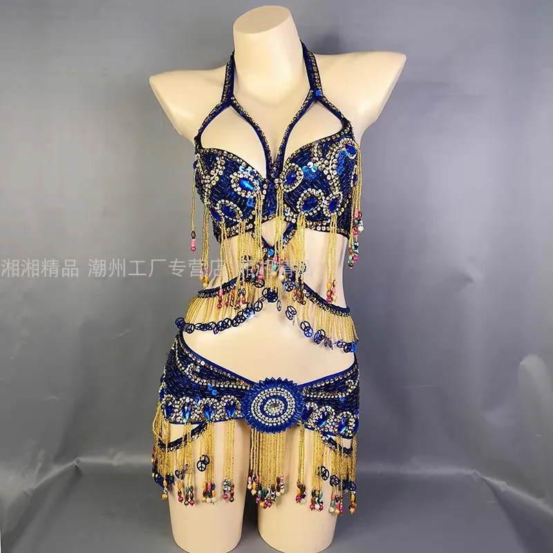 Women\'s Beaded Belly Dance Costume Top Bra+Belt 2pcs Set Bellydance Clothes Sexy Night Stage Dancewear Carnival Costume