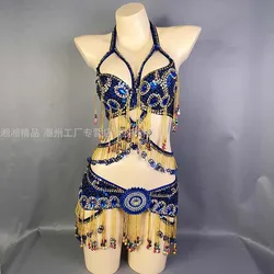 Women's Beaded Belly Dance Costume Top Bra+Belt 2pcs Set Bellydance Clothes Sexy Night Stage Dancewear Carnival Costume