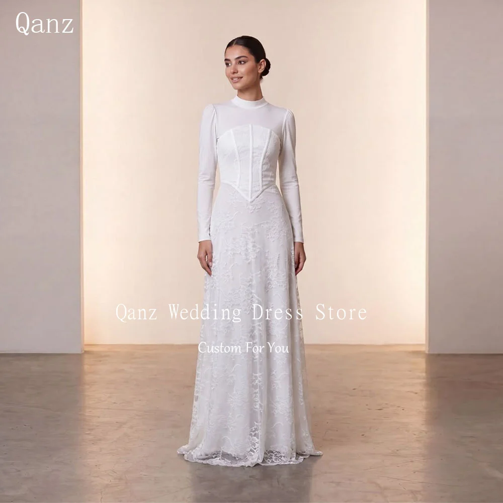 

Qanz Modern Lace Wedding Dresses Bride Long A Line Full Sleeves Vestidos De Novia Civil High Neck Robe De Mariée Customized