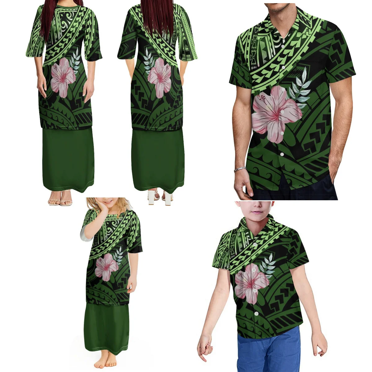 

Support Custom Art Print Family Set Polynesian Islands Samoan Ladies Puletasi Dress Set Girls Dress And Men Shirt Boys Top