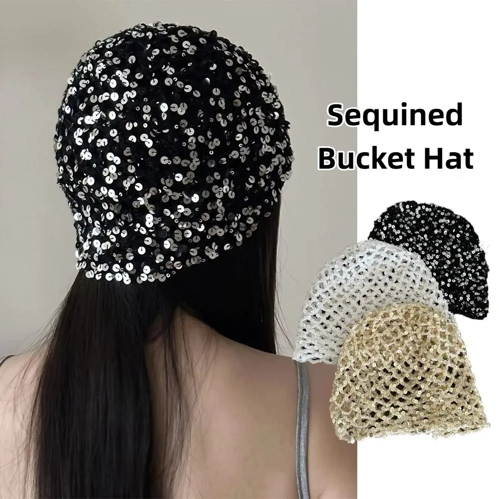 

Fashion Vintage Sequin Woven Cap Y2k Knit Sequin Bucket Hat Thin Hollow Beanie Hats Spicy Girls