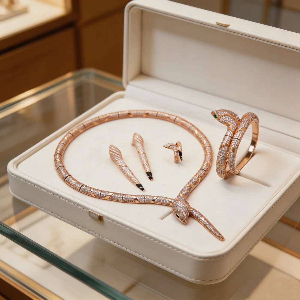 Vintage Fashion Party Jewelry Sets Inlay Full Zircon Plated Champagne Gold Color Snake Snakelike Necklace Bracelet Earrings Ring