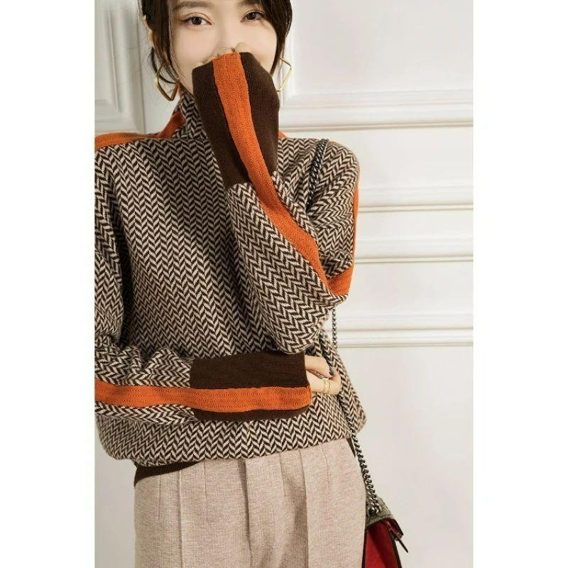 2026 الخريف الشتاء تصميم الشعور كسول فضفاض الأكمام المتناقضة كامل تقليد الصوف عالية الرقبة محبوك سترة المرأة