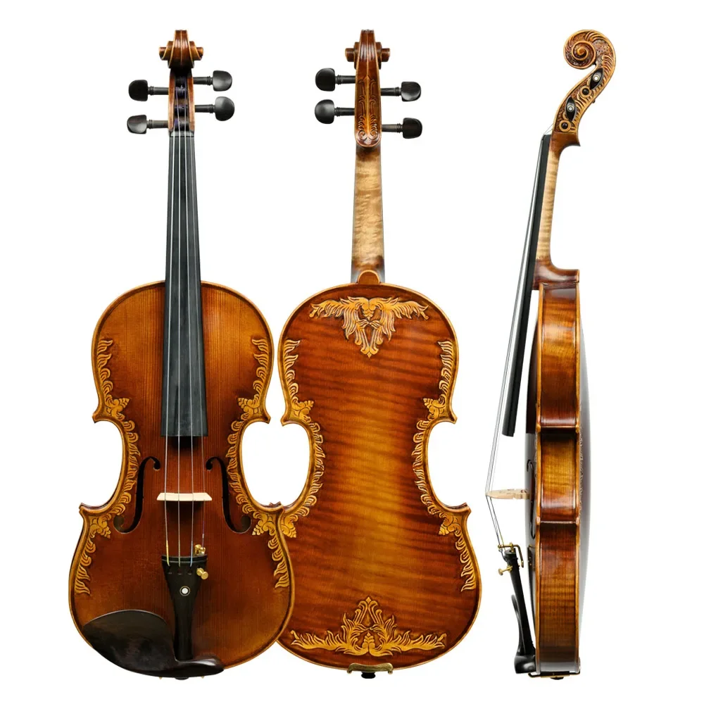 Wholesale 4/4 Handmade V07 Carved Pattern Violin Professional Performance Spruce And Maple With Gift String Bow