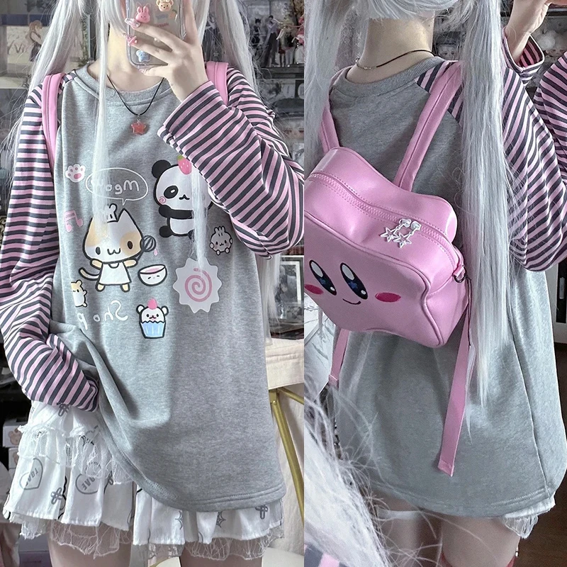 Grey Pink Striped Panda Print Long Sleeve Shirts Y2k Cartoon Japanese Harajuku Kawaii Loose Hoodie Women Spring New Tees