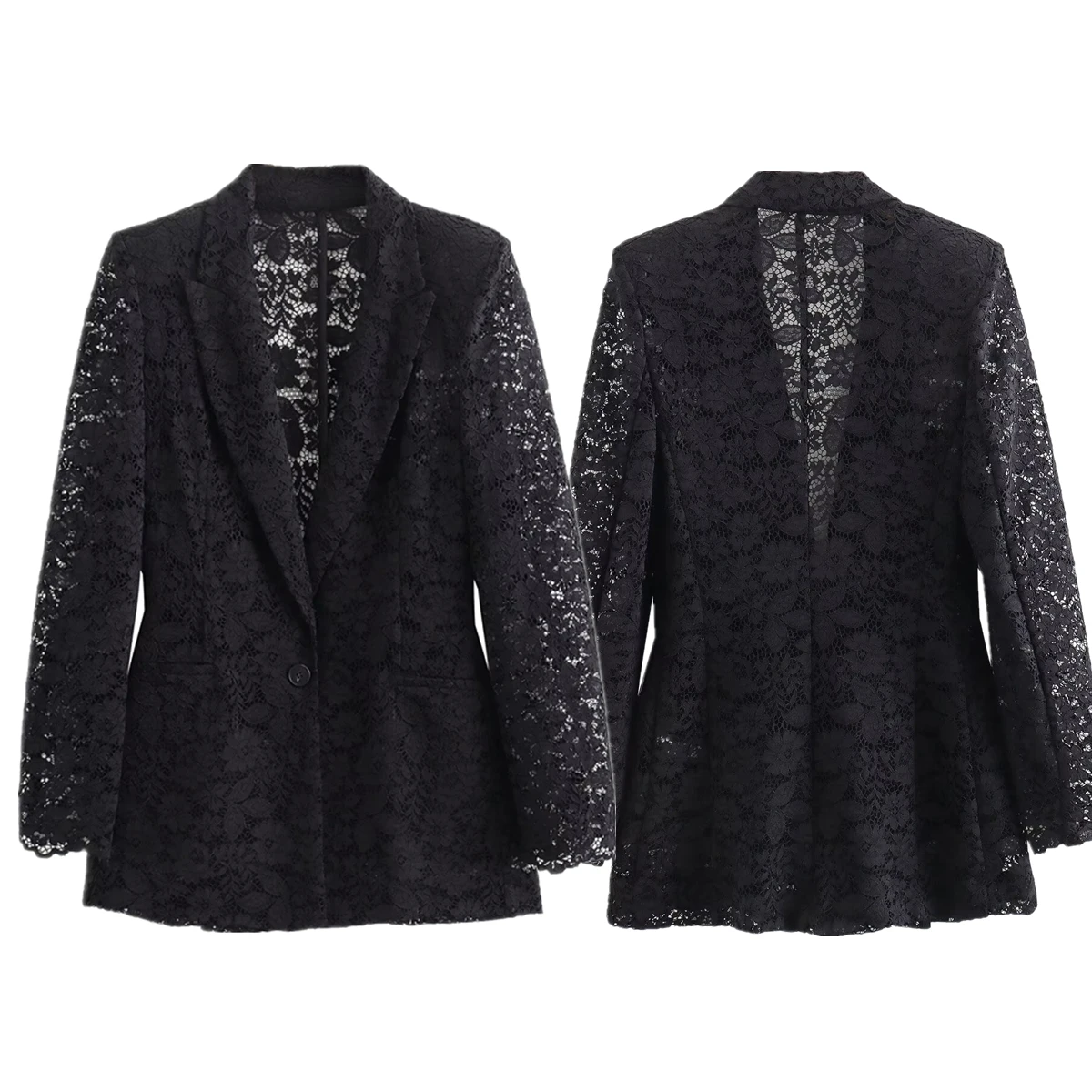 

Withered Hollow Out Summer Casual Blazers Lace Suit Jacket Black Fashionable Elegant Minimalist For Women