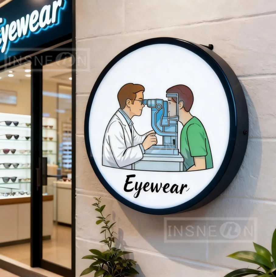 Custom Round Lightbox Sign Advertising LED Single-sided Illuminated Business Eyewear Light Up Signage Art 3D Wall Deco Outdoor