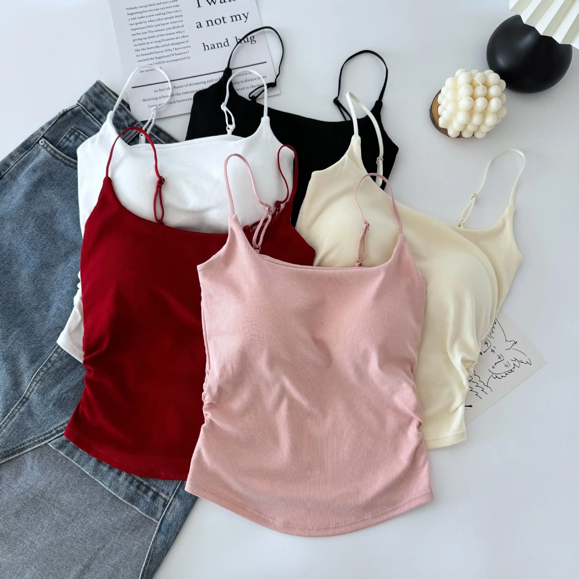 

New pure sweet and spicy design pleated suspender vest women's outer wear with chest pad slim back top summer