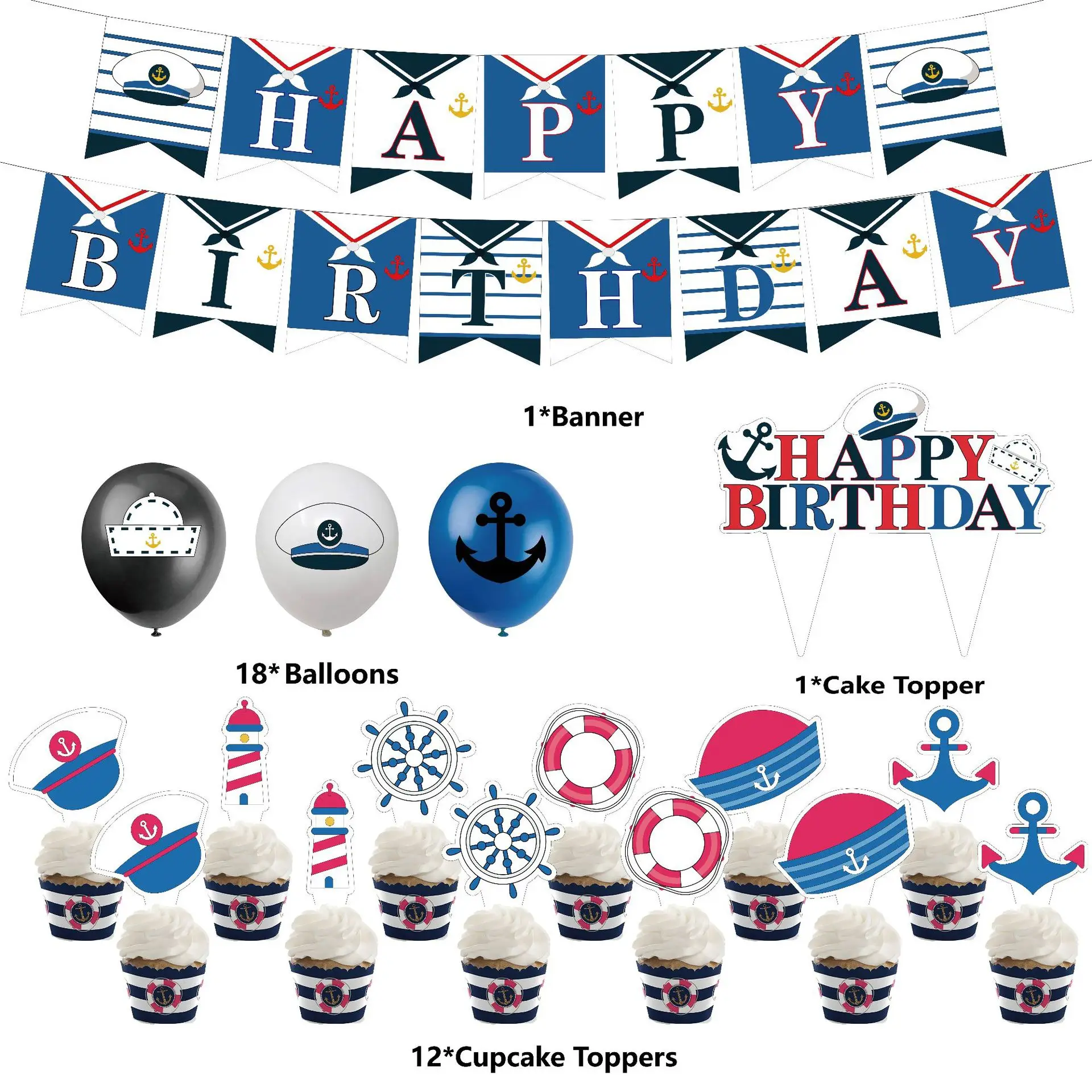 Navy Sailor Suit Birthday Party Decoration Supplies Birthday Balloon Accessories Crew Banner Girls Party Decoration