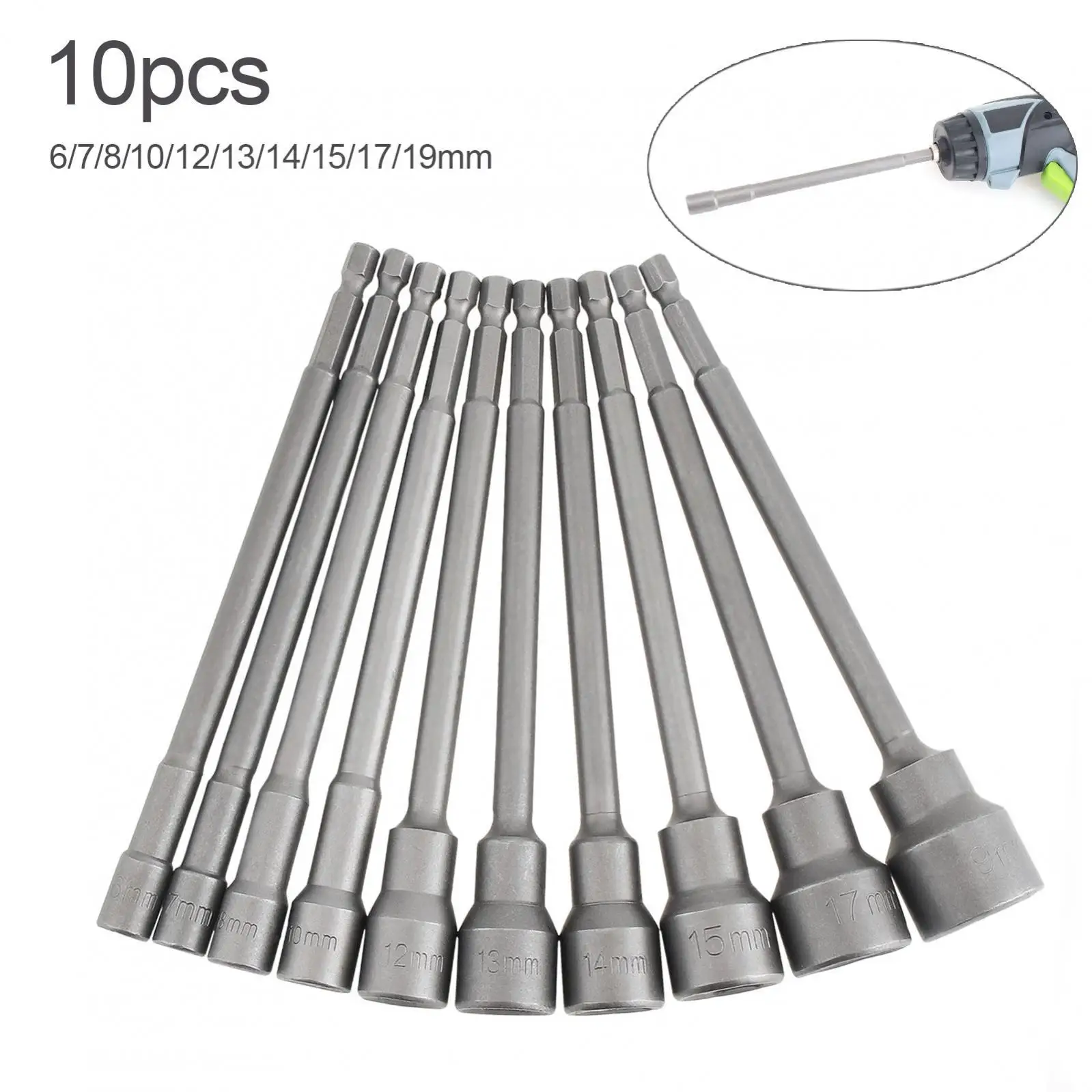 

10pcs 150mm Lengthen Magnetic Hexagon Socket Set 6-19mm 1/4-Inch Hex Shank Nut Setter Driver Drill Bits Set Bolt Remover Tool