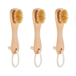 3 Pcs Natural Bristles Wooden Face Cleaning Brush Face Exfoliator Brush Dry Brush for Face Care Scrubber Wood Handle Cleanser