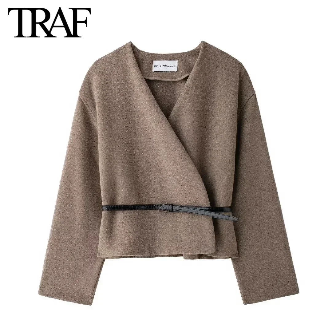 TRAF Jacket for Women Fashion 2024 Autumn Winter  New Solid Color Belt Soft Long Sleeved V-neck Short Coats Chic Ladies Tops