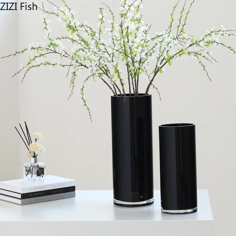 Straight Cylinder Black Glass Vase Plant Pot Table Decoration Flower Arrangement Minimalist Floral Vases Room Aesthetic Decor