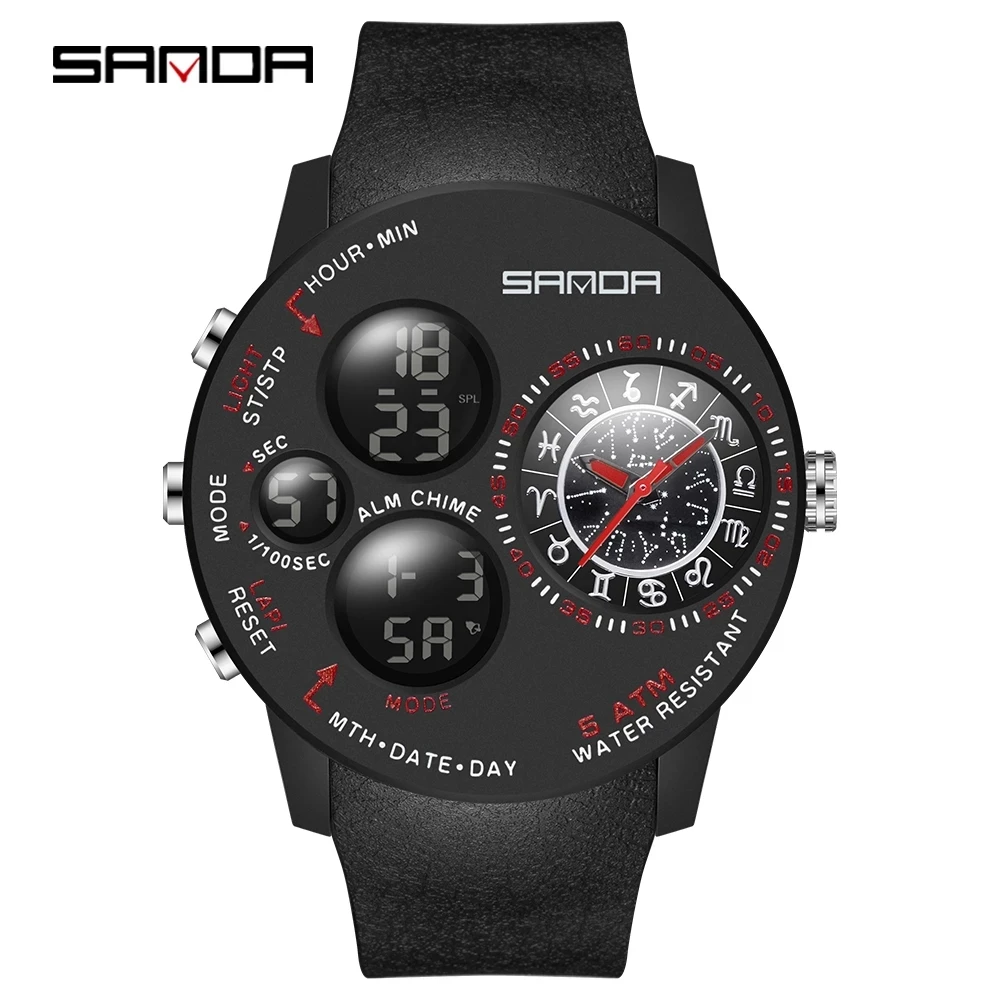 2024 Fashion Outdoor Mens Watches Top Brand Military Sports Quartz Watch Dual Display Wristwatch Waterproof Clock SANDA 6036