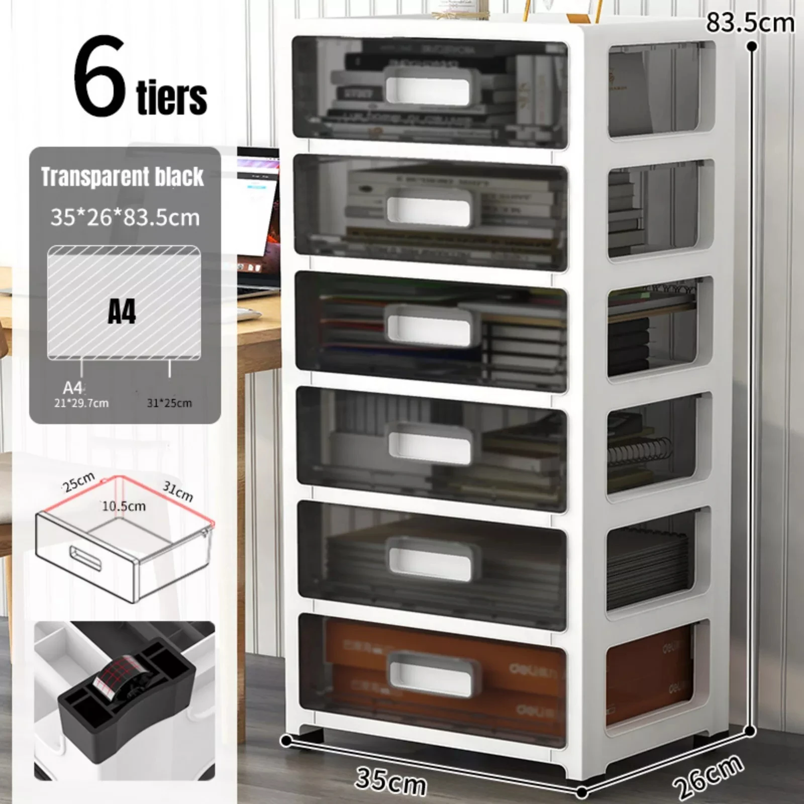 

Black 6-Drawer Desktop Organizer, Large Size with Open Tray Top, for Desk