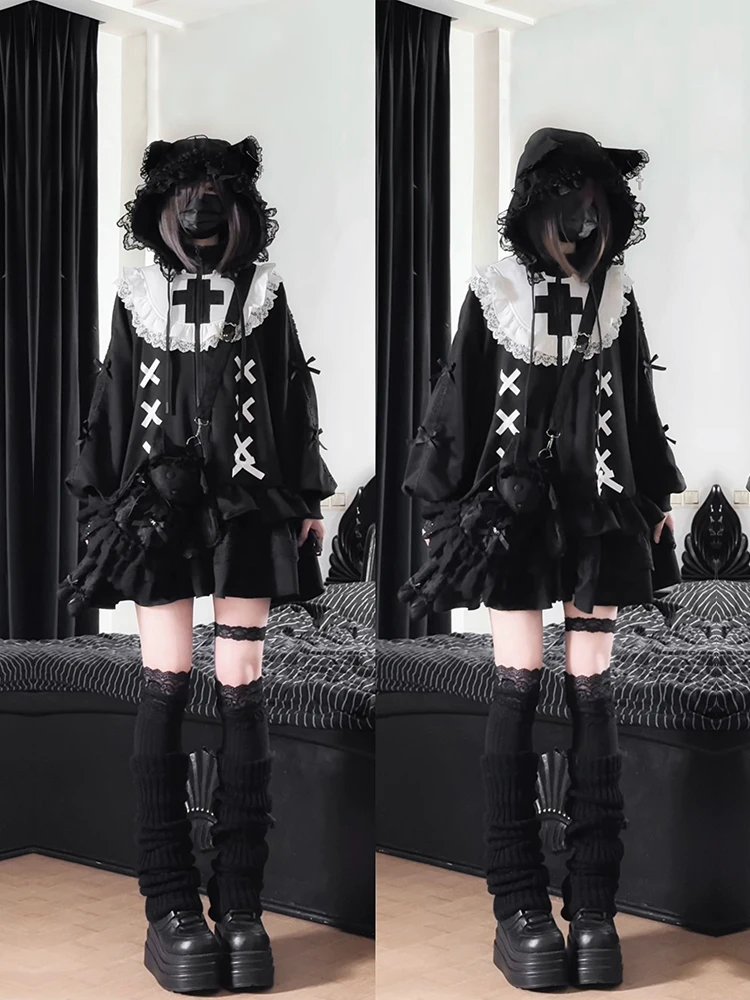 Laminated Ruffle Edge Splicing Black Sweatshirs Women Original Design Sweet Cool Sweatshirt Jacket Removable Hat Lolita Coat