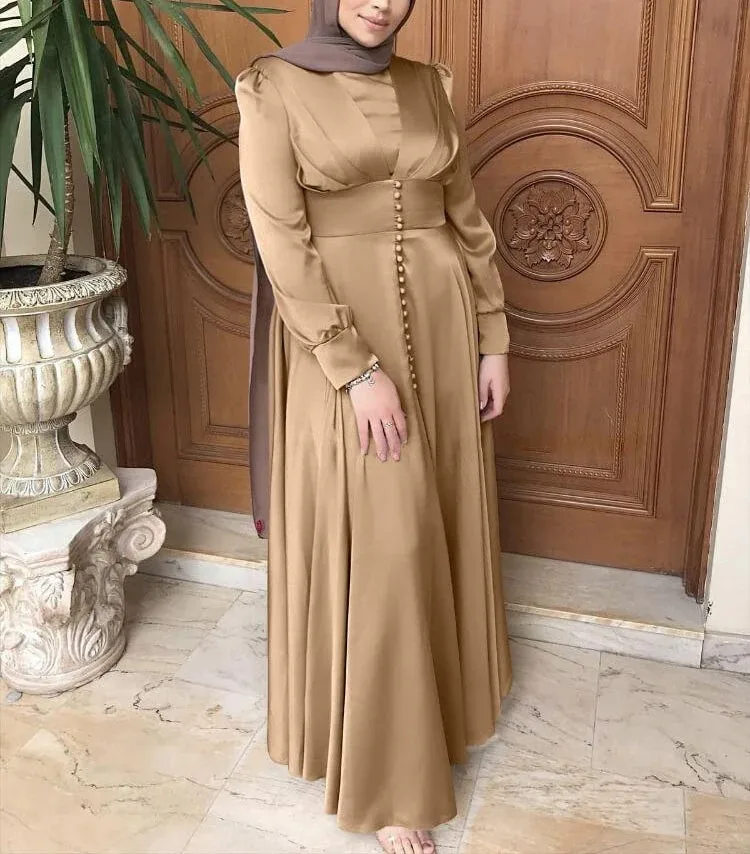 

Beaded Elegant Satin Abaya Dress - Modest Islamic Evening Gown, Long Sleeve Flowy Maxi for Special Occasions, Weddings & Parties