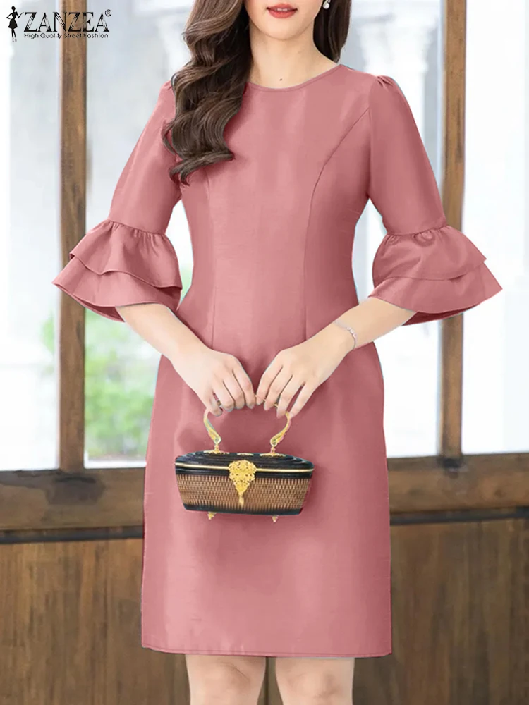 패션 여름 Sundress 2025 ZANZEA 여성 우아한 짧은 소매 솔리드 드레스 패션 작업 무릎 길이 가운 세련된 파티 드레스