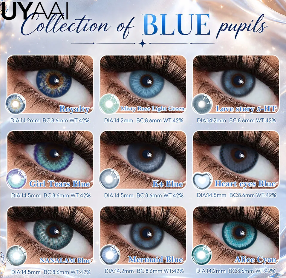UYAAI Neue blaue Farbkontaktlinsen, koreanische Big-Eyes-Linsen, Cosplay-Kontaktlinsen, Make-up, hochwertige 12-Monats-Einwegkontaktlinsen, 2 Stück
