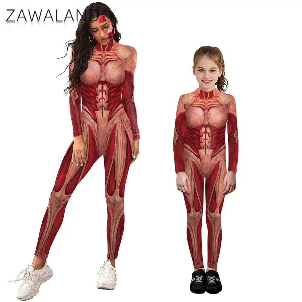 ZAWALAND Matching outfit Muscle 3D Digital Printing Costume Cosplay tuta Sexy a maniche lunghe genitore-figlio Zentai Muscle Suit