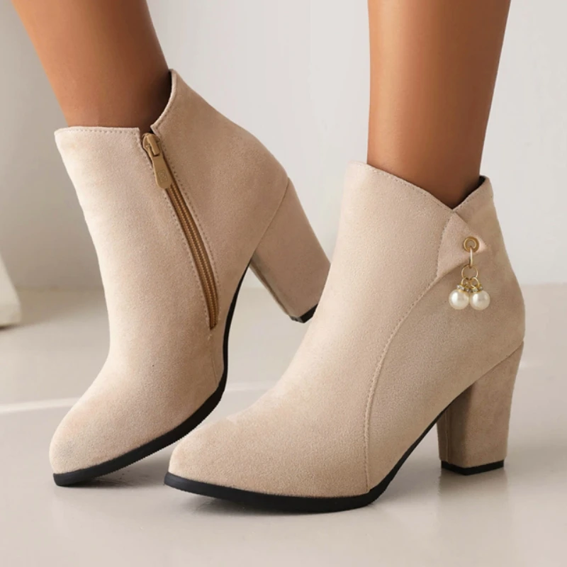 

Faxu Suede Women's Ankle Boots Elegant Beige Black Brown Short Boot Autumn Winter Spring Footwear Shoes Classic Luxury Crystal