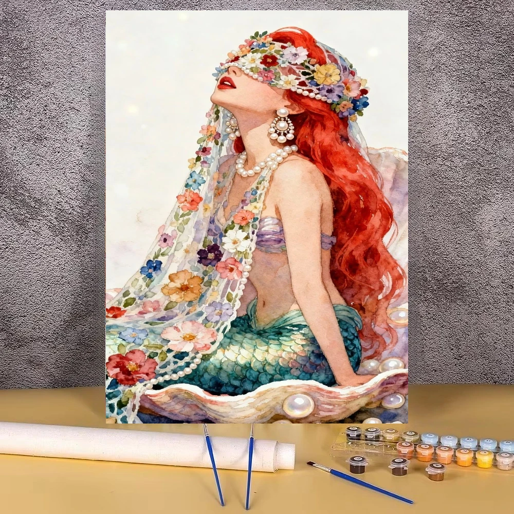 Decoración moderna para paredes con motivos de sirena, flores, conchas y perlas. Pintura al óleo para colorear, ideal para el salón o el dormitorio. Un regalo perfecto, sin marco.