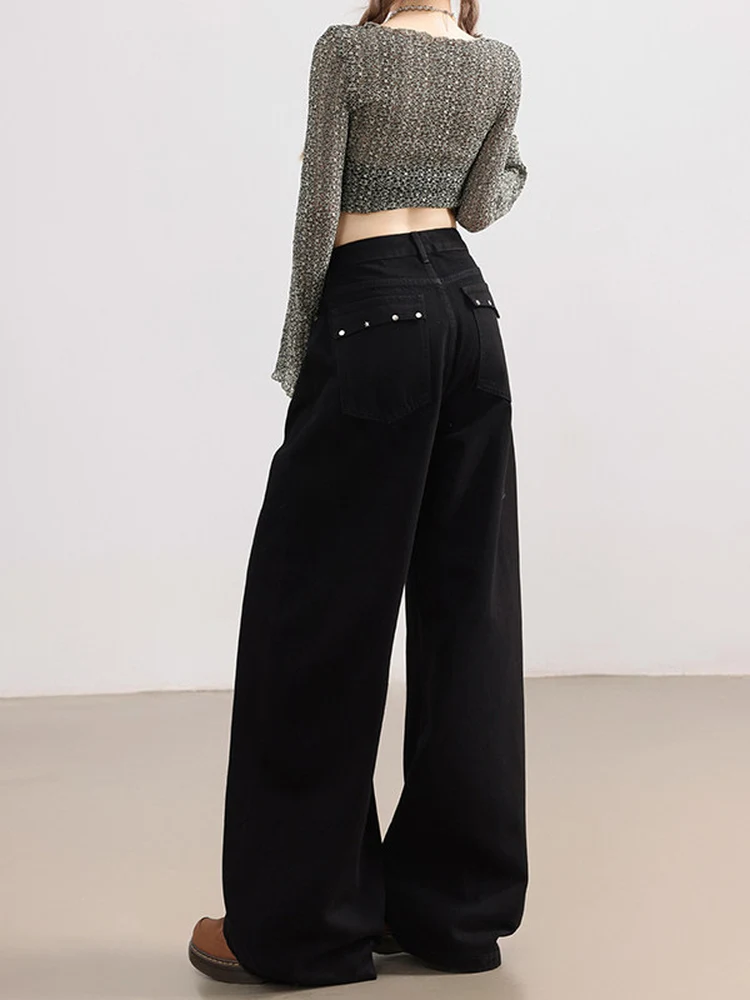 Retro American Black Rivet Denim Jeans Women's New Large Size Loose Straight Leg Wide Leg Long Pants High Waist Pocket Zipper