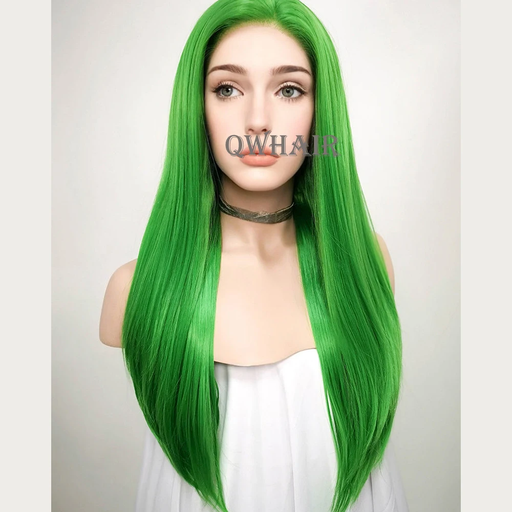 QW Synthetic Hair Bright Green Straight Soft 13X4 Lace Front Wig For Women Hair Heat Resistant Fiber Cosplay  Daily