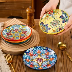 Hand-painted Bohemian Ceramic Plate Home Creative Western Food Plate Fruit Plate Low Side Round Plate Oven Microwave Safe to Use