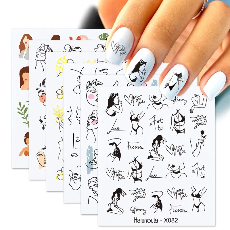 1Set Abstract face Decal Black Ink Blooming Letter Water Nail Stickers Flowers Leaf Watercolor Butterfly Nail Art Decals Sliders