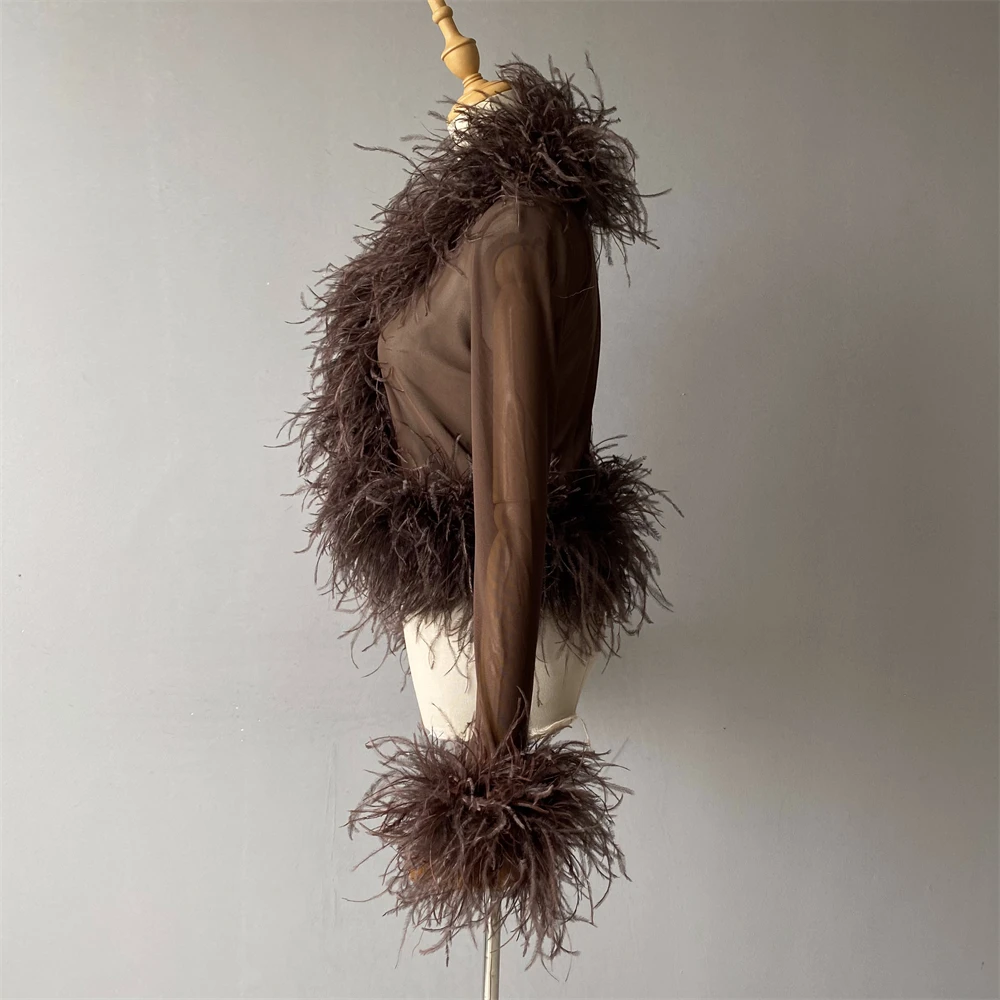 Jxwatcher Women's Sexy Mesh Feather Tops Spring Summer Ladies Vintage Celebrity Real Ostrich Feather Coat Fashion Party Wear New