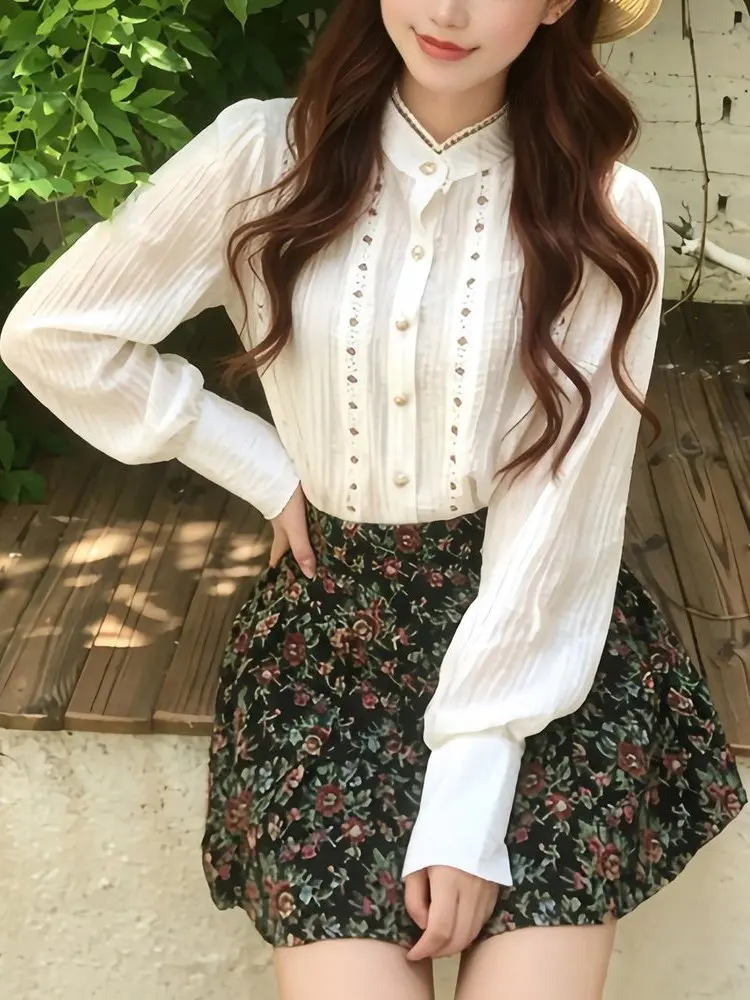 Soft Elegant Long Sleeve Hollow out Shirt And  Skirt Two Piece Set for Spring Autumn Small Size Women's Fashion Ensemble