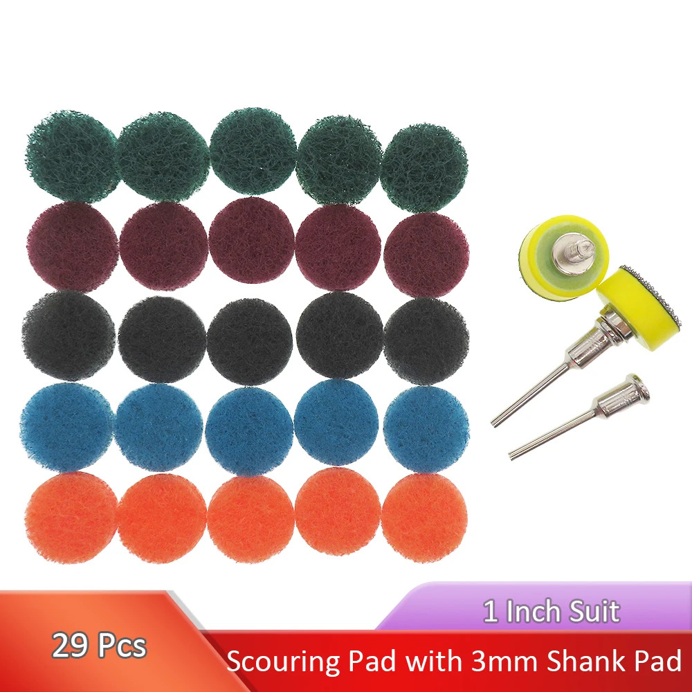 29 PCS 1 Inch Multi-purpose Flocking Scouring Pad with 3mm Shank Backing Pad Industrial Heavy Duty Nylon Cloth for Polishing