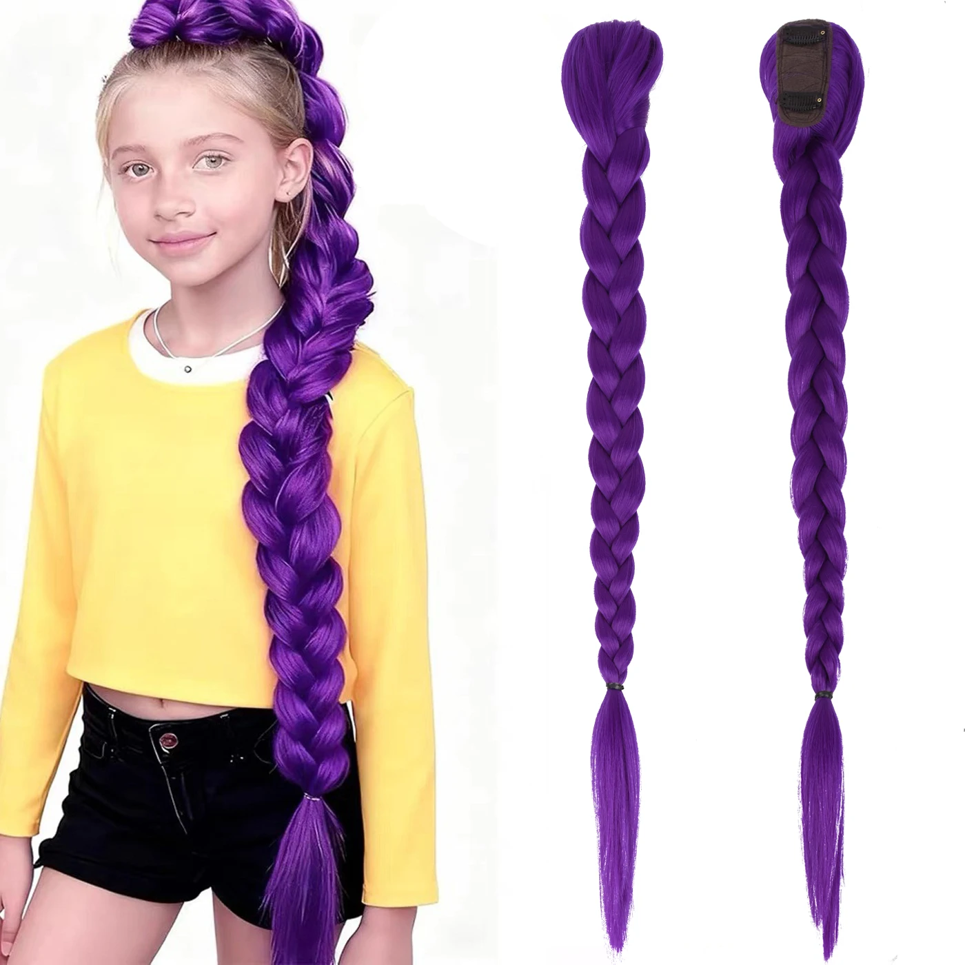 

Easy Clip in Purple Ponytail Extensions 26inch Rumi Kids Long Purple Braids Synthetic Fiber Hair for Cosplay Halloween Costume