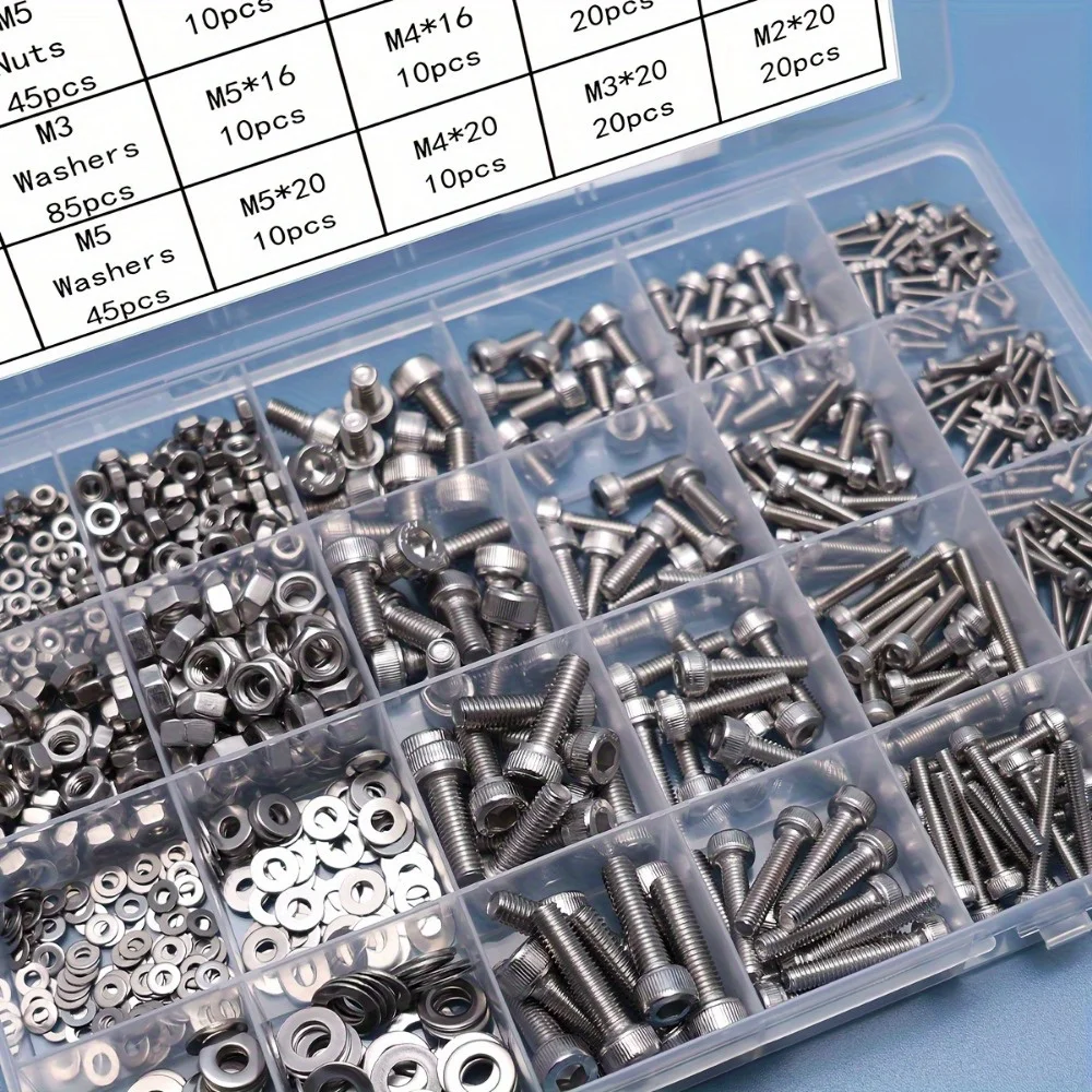 880-Piece Hex Bolt, Nut, Spring, Washer, and Flat Washer Sorting Kit M2/M3/M4/M5 with Hex Wrench and Storage Box Combination Set