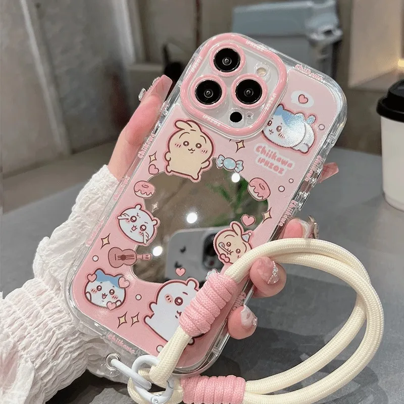 Chiikawa Mirror Case for IPhone 16 15 14 13 Pro Max Case Hand Wrist Strap Soft Cover for Iphone 16promax 15 14 Pro Cover Fundas