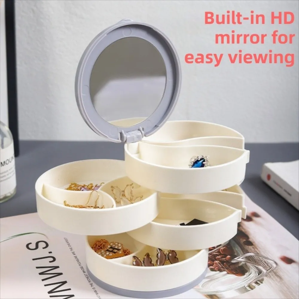 Multilayer Jewelry Stand Holder Display Tray with Lid Rotating Plastic Stand Dustproof with Mirror Desktop Storage Box Makeup