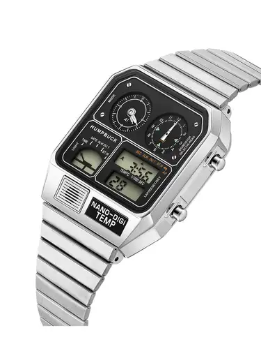 Imagen 2 del producto HUMPBUCK DIGITEMP Relojes de acero inoxidable de diseño clásico para hombre con pantalla LED digital de fecha y día y calendario de temperatura