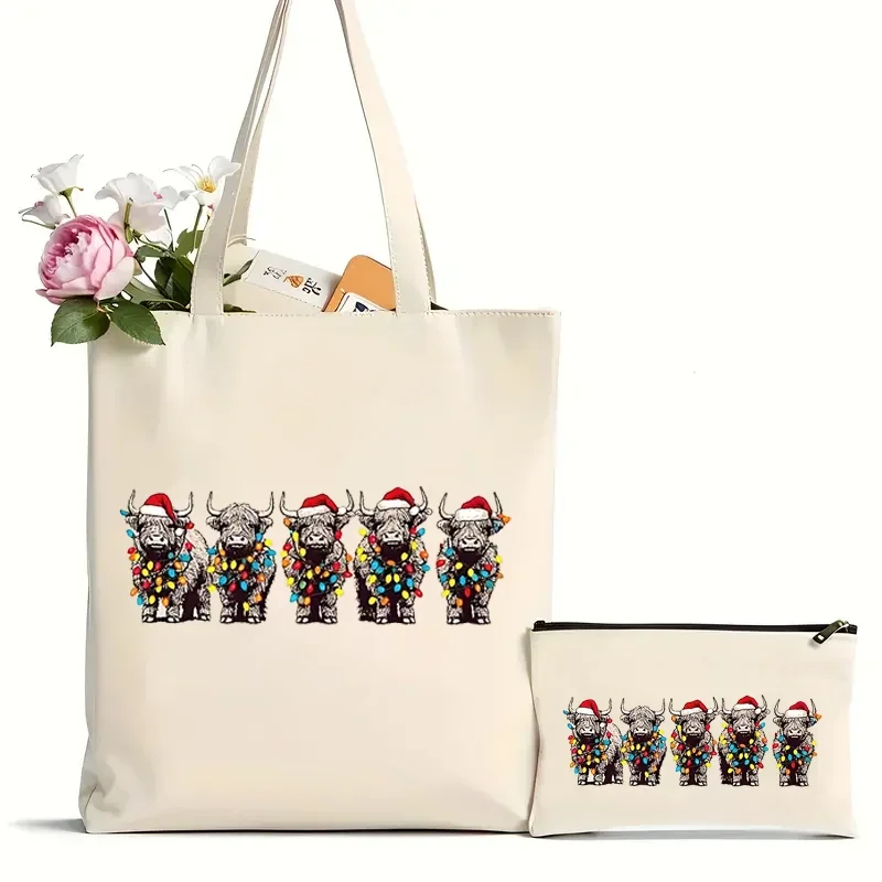 

2Pcs cute Christmas Cows Pattern Tote Bag Canvas Shoulder Bag for Funny Christmas for Her Travel Daily Commute Women Reusable