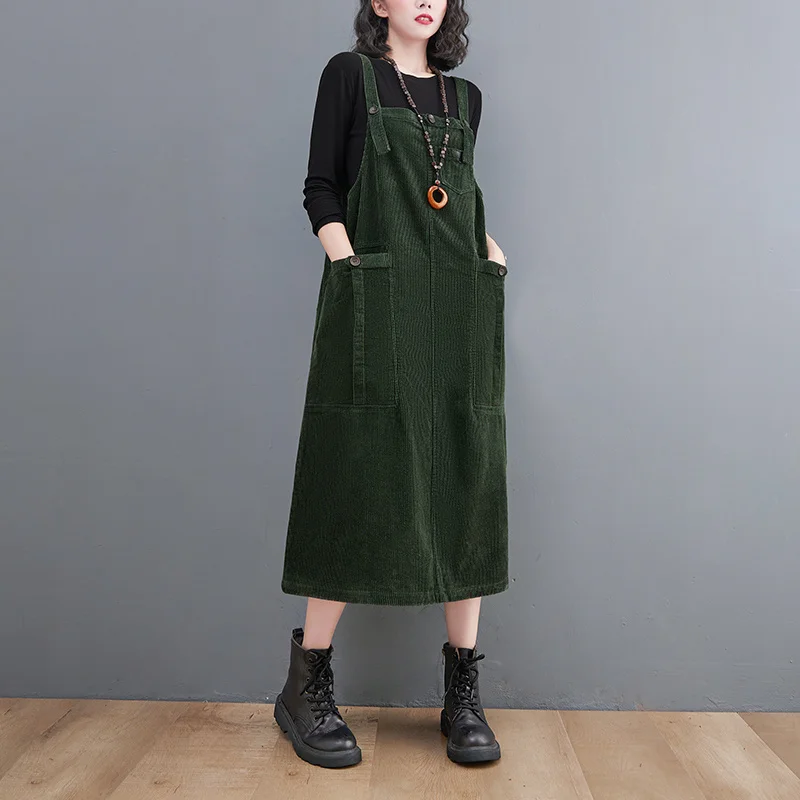 #3238 Vintage Corduroy Dresses Women Sleeveless A-line Midi Dress Female Loose Pockets Casual Suspender Dress Black Brown Green