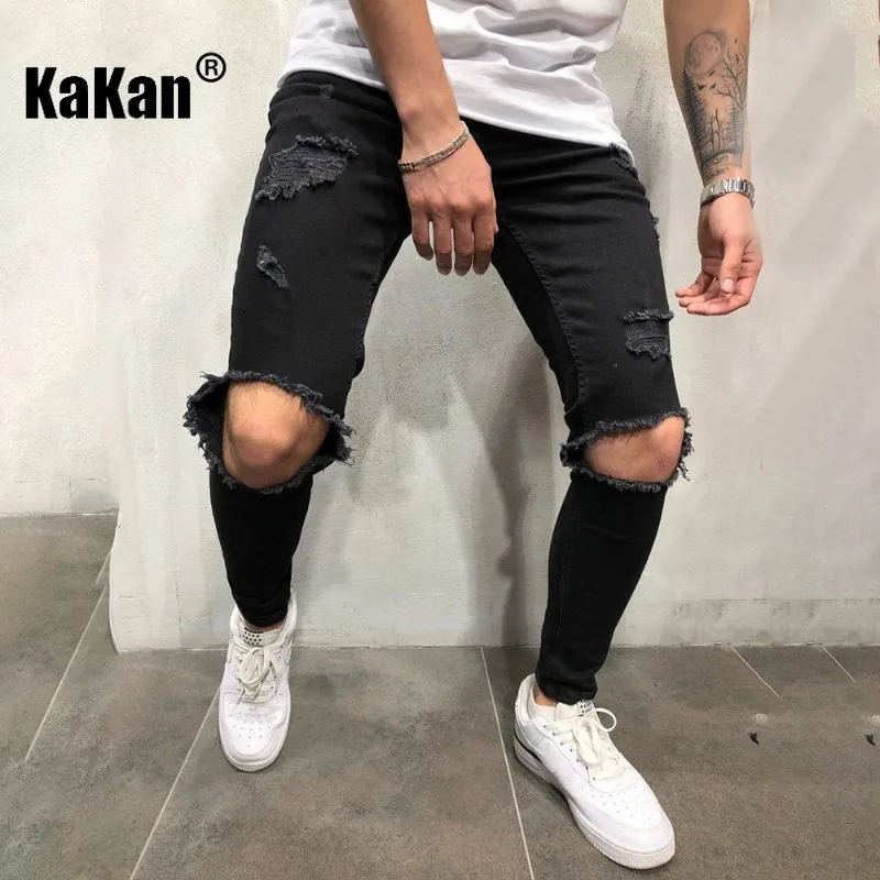 Kakan - Europe and The United States New Knee Breached Jeans Men's, Zipper Youth Slim Elastic Small Leg Jeans Jeans K34-307