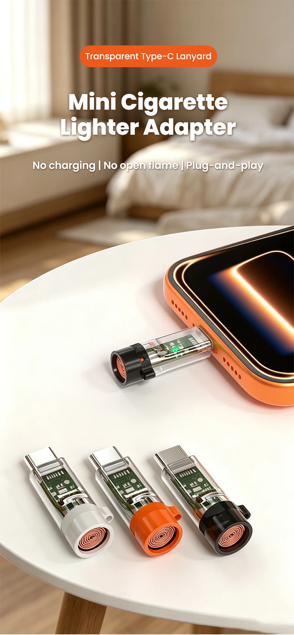 Tragbarer Mini Typ-C Handy-Zigarettenanzünder-Adapter, Windfester Outdoor-USB-C-Zigarettenanzünder für iPhone 15 16 17 – Detail 1