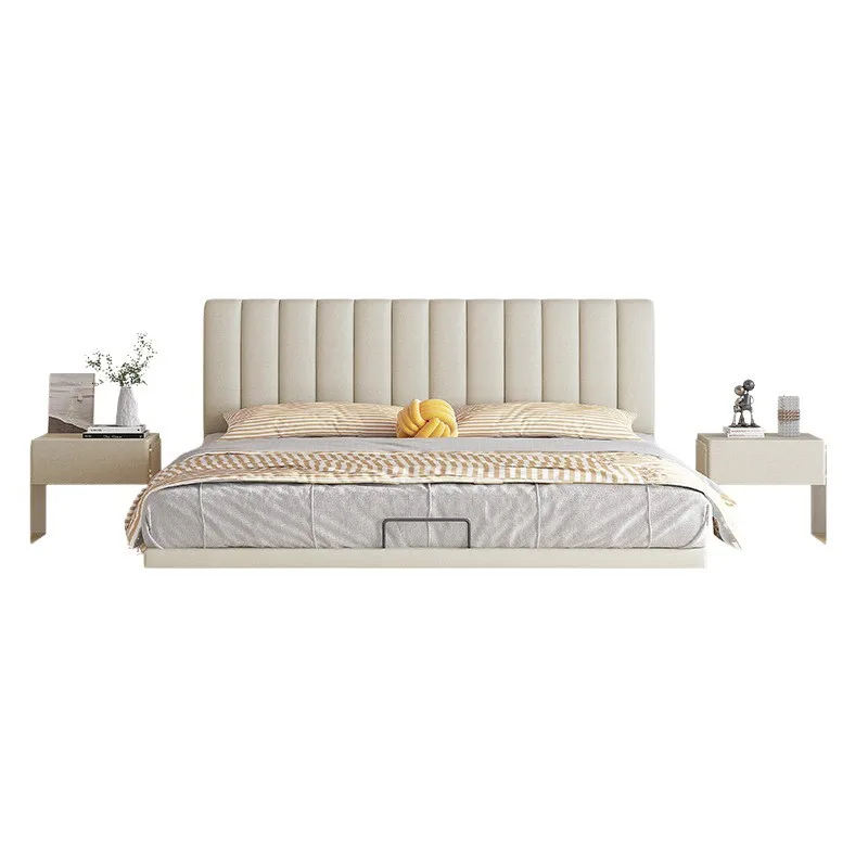 

Suspended bed, cream wind, master bedroom, double, with sensor light, minimalist, technical velvet