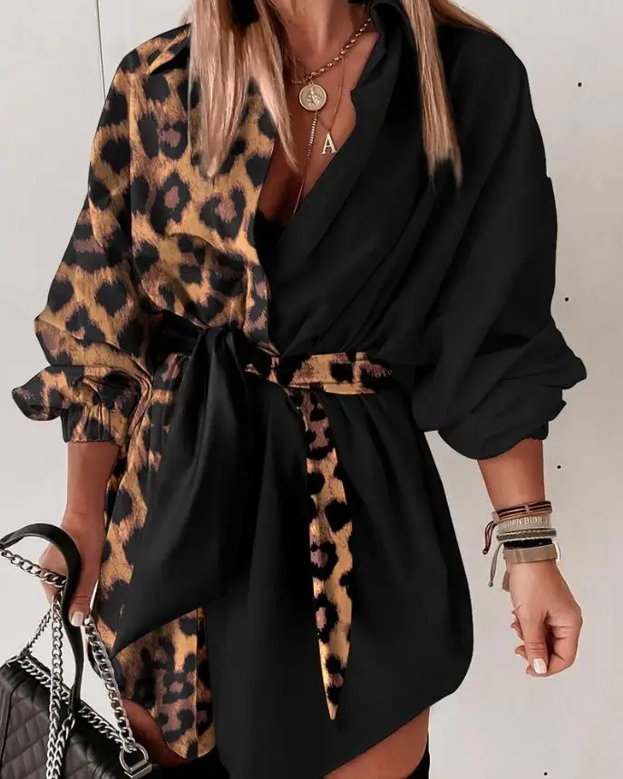 

Womens Dress Spring Fashion Casual Turn-down Collar Leopard Print Lantern Long Sleeve Button Tie Details Belted Mini Shirt Dress