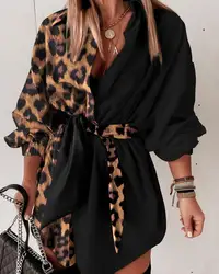 Womens Dress Spring Fashion Casual Turn-down Collar Leopard Print Lantern Long Sleeve Button Tie Details Belted Mini Shirt Dress