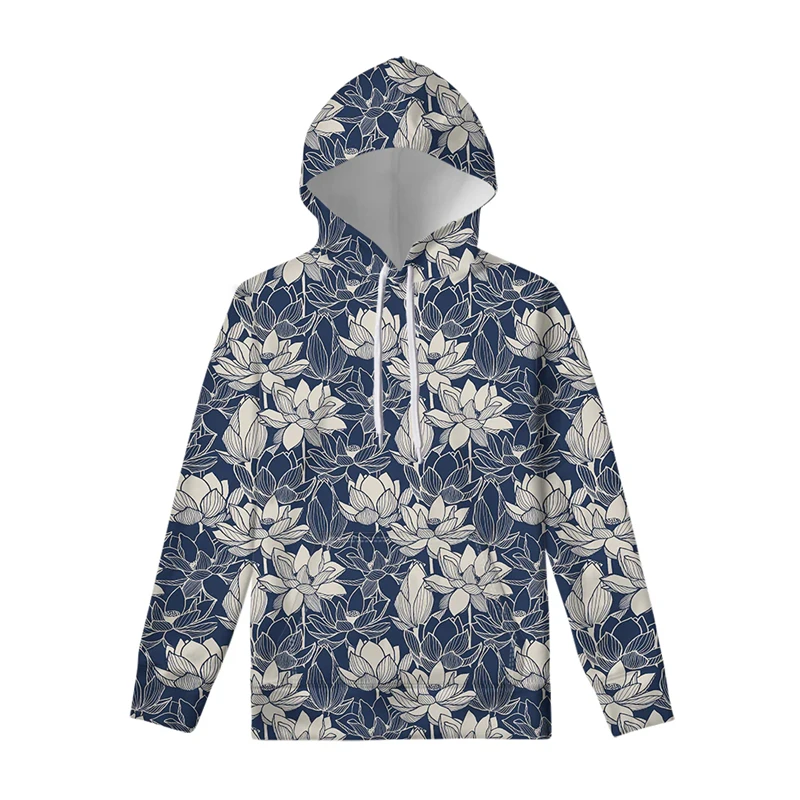 2024 Spring And Autumn New Men's Fashion 3D Lotus Leaf Printing Hooded Sweatshirts Hoodie Loose Casual Daily Street Sweater Tops