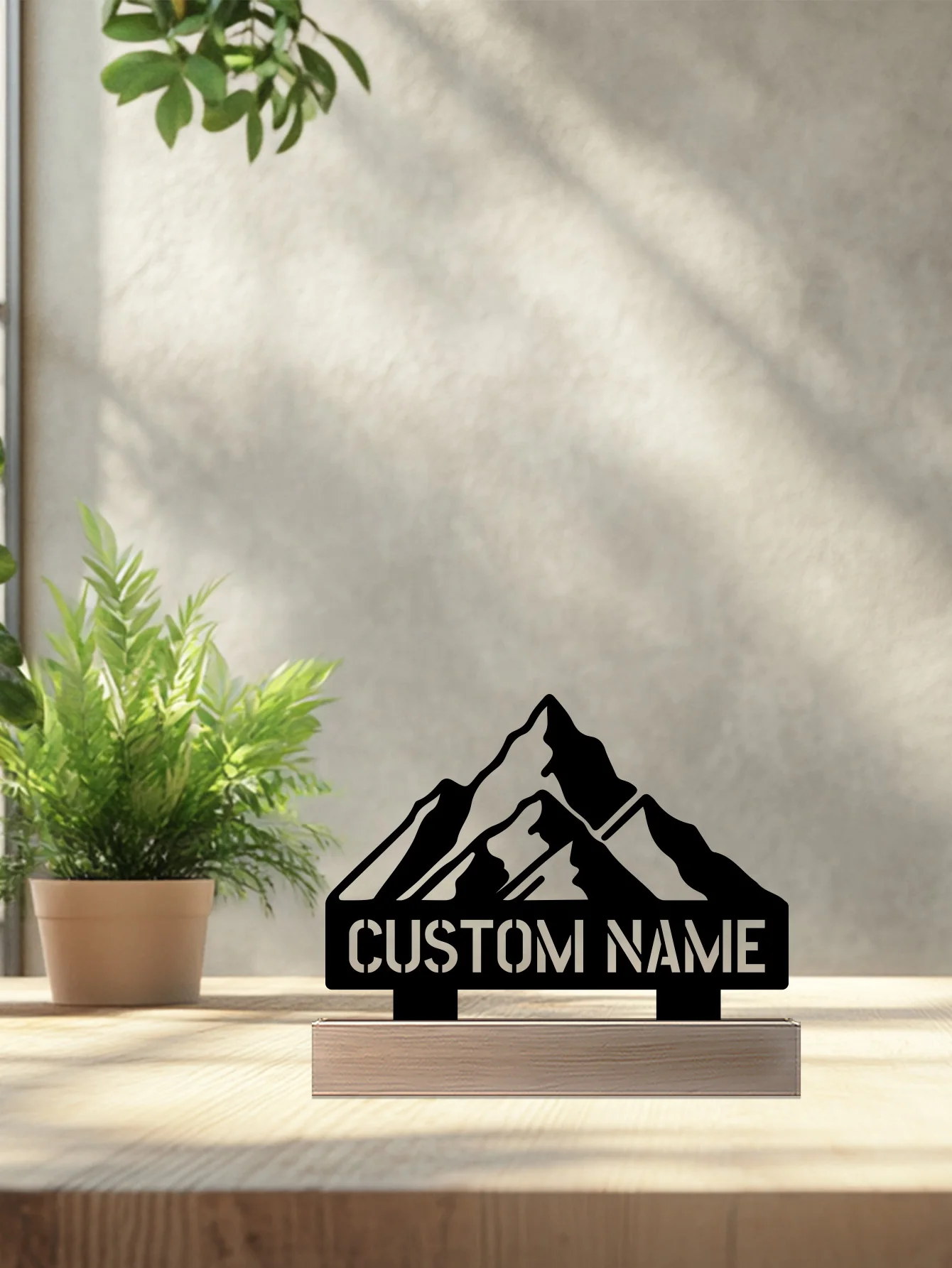 1pc Fashion mountains Customized Name Metal Statue With Wood Base Iron Ornament Metal Sculpture Art Crafts With Wood Base