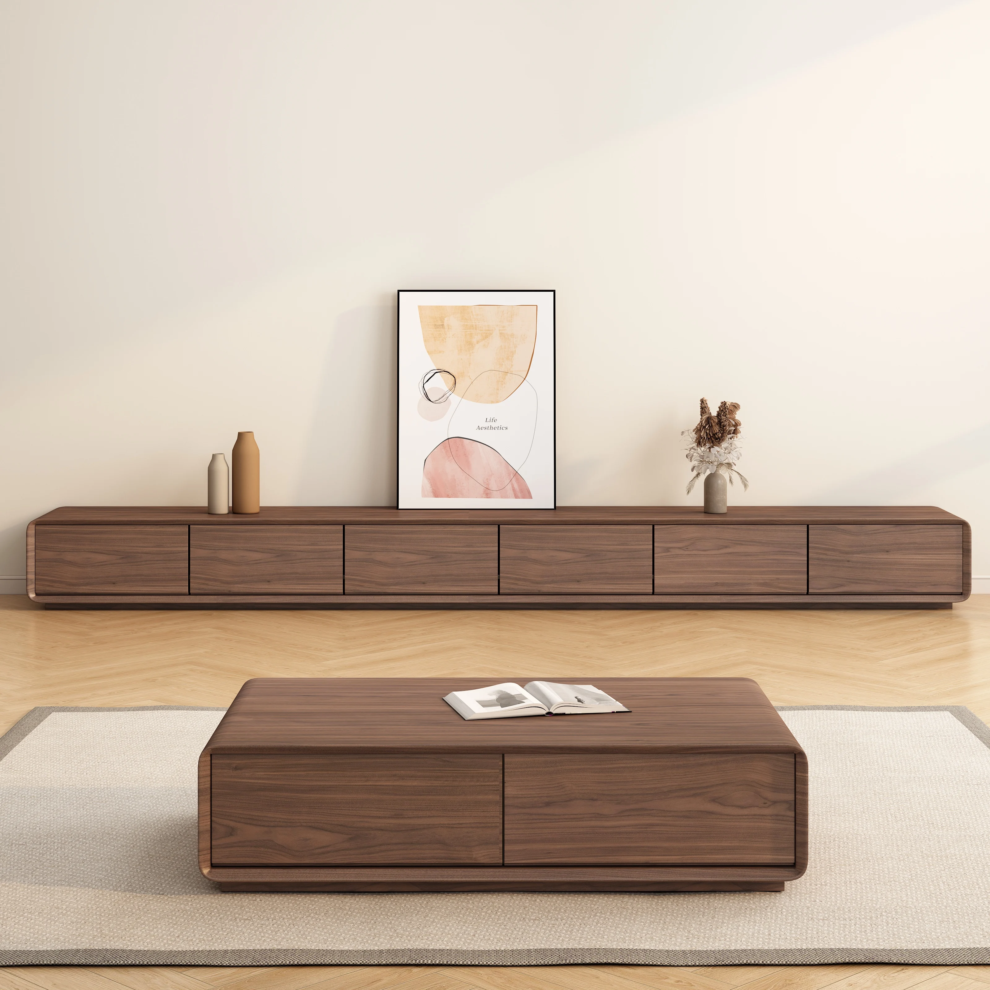 

Modern, simple, solid wood, TV cabinet, coffee table, combination, black walnut, floor, suspended, wall hanging