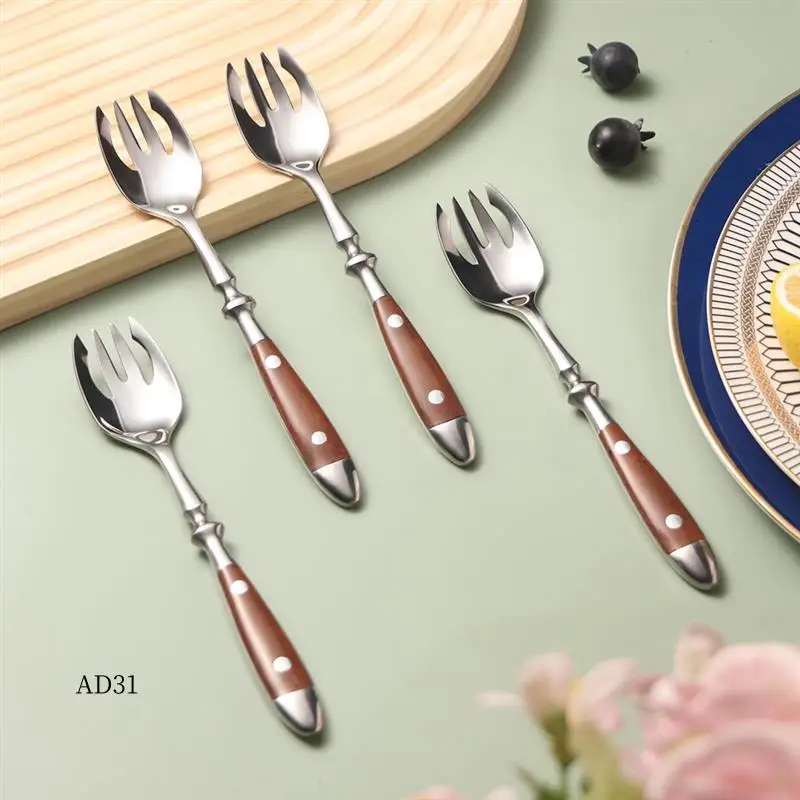 

New-4 Pcs Stainless Steel Salad Spoons With Bakelite Handle,Salad Forks Spork For Salad,Fruit,Dessert